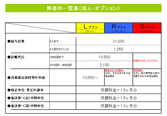 料金の一覧表 法人-オプション